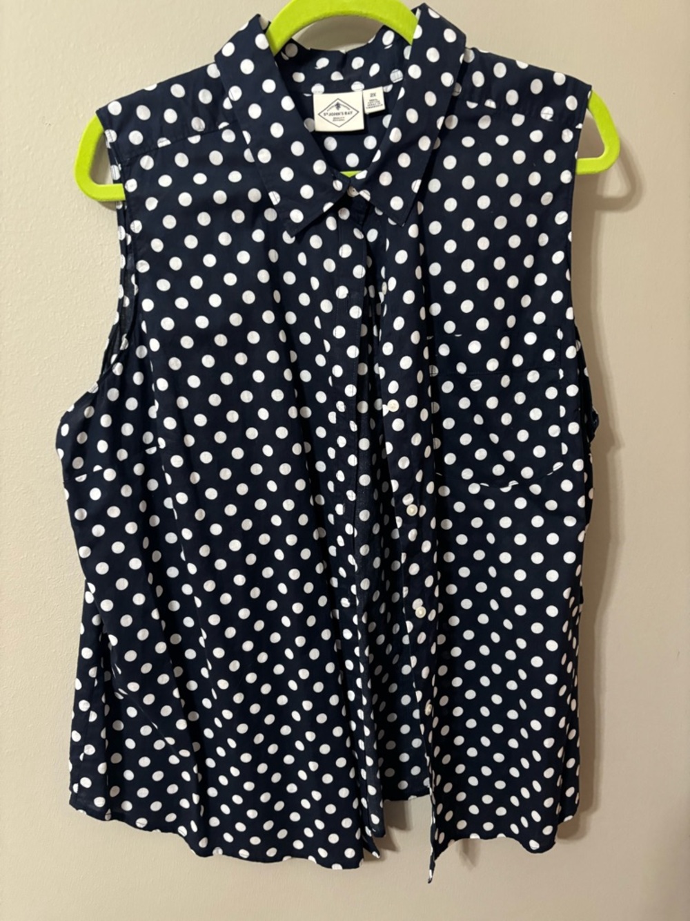 St. John's Bay Navy and White Polka Dot Button-Up Blouse